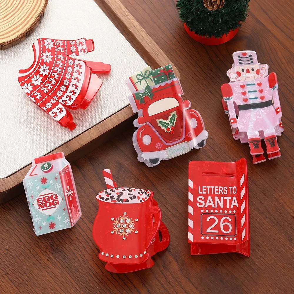 Christmas Acrylic Hair Claw Clips Cute Xmas Sweater Nutcracker Car Milk Cup Design Shark Hair Clamp For Women Girls Holiday Part