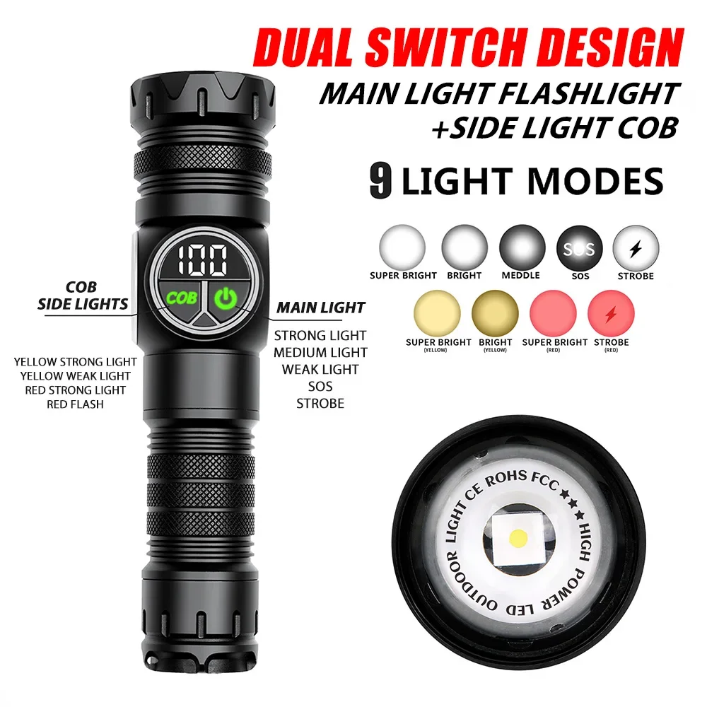 High Power Tactical Rechargeable Led Flashlight Long Range 50W Powerful Lantern Usb Rechargeable Emergency Magnet Camping Torch