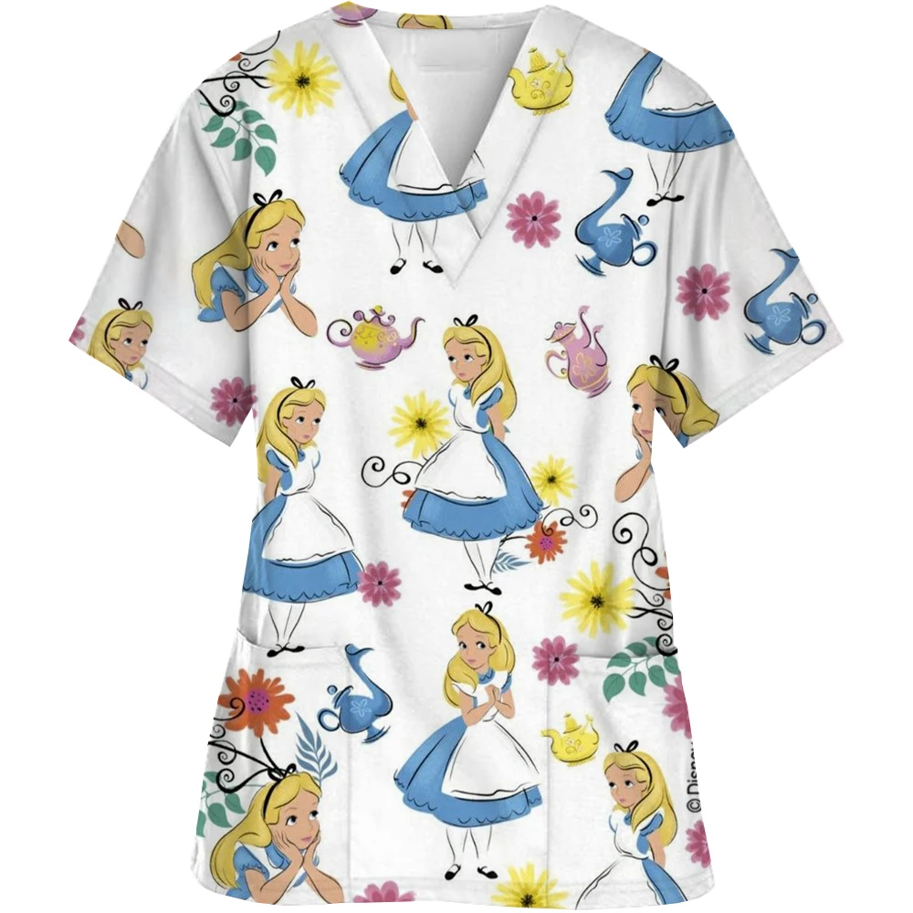 Disney Princess print Scrubs Top Women Pockets V-Neck Scrub Uniforms Pet Grooming Nurse Spa Caring Shirt uniformes de enfermería