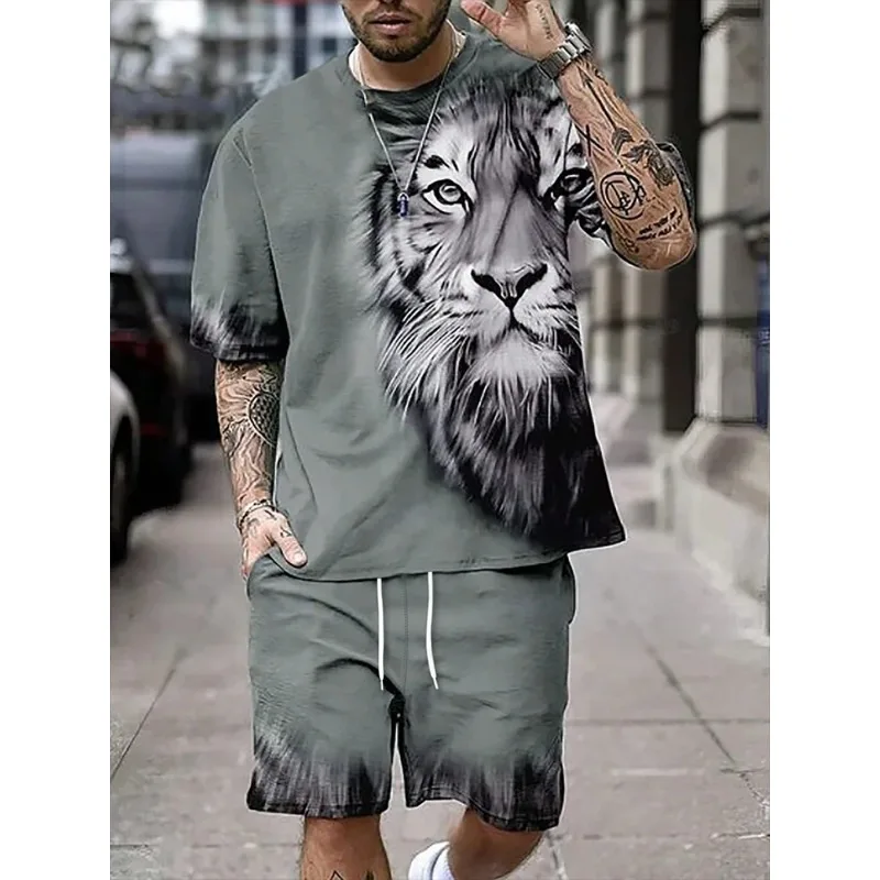 2025 Fashion 3D Printing Lion Print Summer Daily Casual Men's Sports Short Sleeved Shorts Street Trendy Set