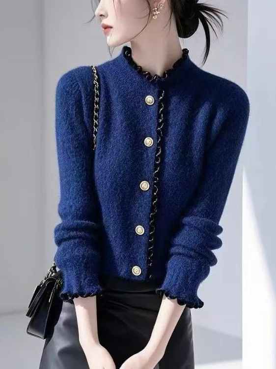 

Синий вязаный свитер-кардиган женский, осенне-зимняя верхняя одежда, базовый вязаный кардиган с открытыми рукавами, Wood ain Sle