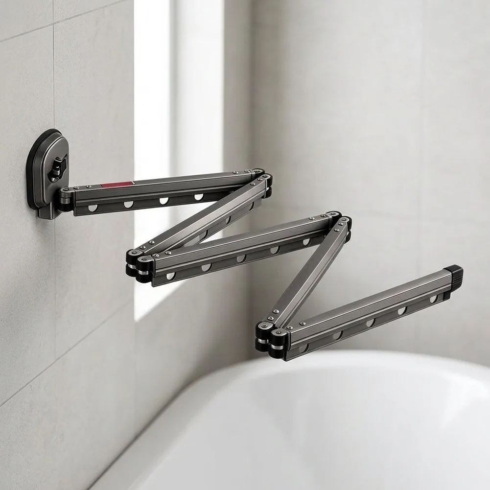 Adjustable Wall Mounted Folding Shower Curtain Rod for Bathtub and Shower Enclosures with Collapsible 5-Section Structure