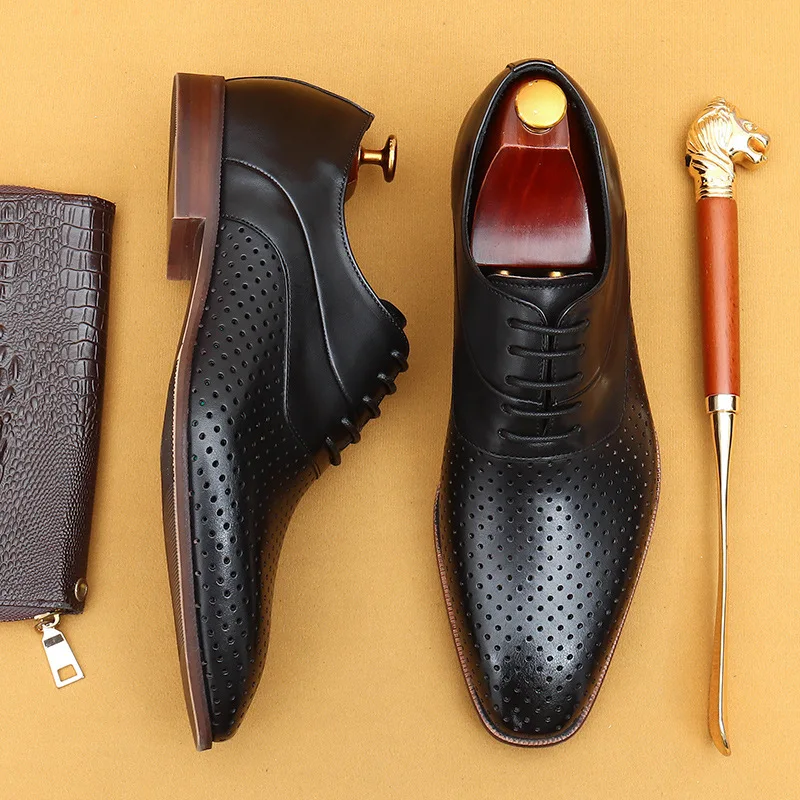 

Breathable Summer Mens Hollow Dress Shoes Luxury Genuine Leather Handmade Comfortable British Style Designer Wedding Oxfords