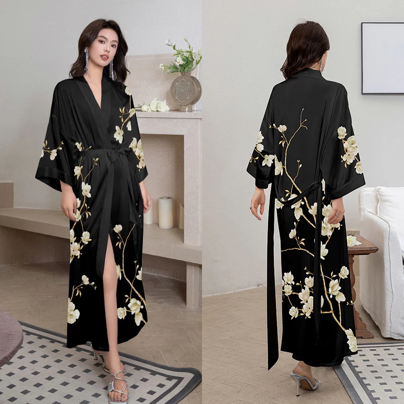 Black Print Flower Long Robe Nightgown Spring Summer Half Sleeve Kimono Bathrobe Gown Women Ice Silk Rayon Home Dress