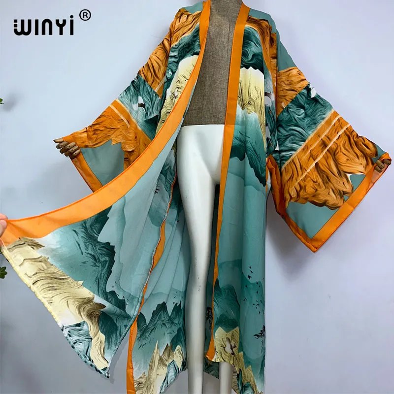 Winyi Kimono Zomer Afrika Boho Print Vrouwen Vest Elegant Boho Maxi Sexy Strandkleding Cover Up Vestidos Longos Kaftan