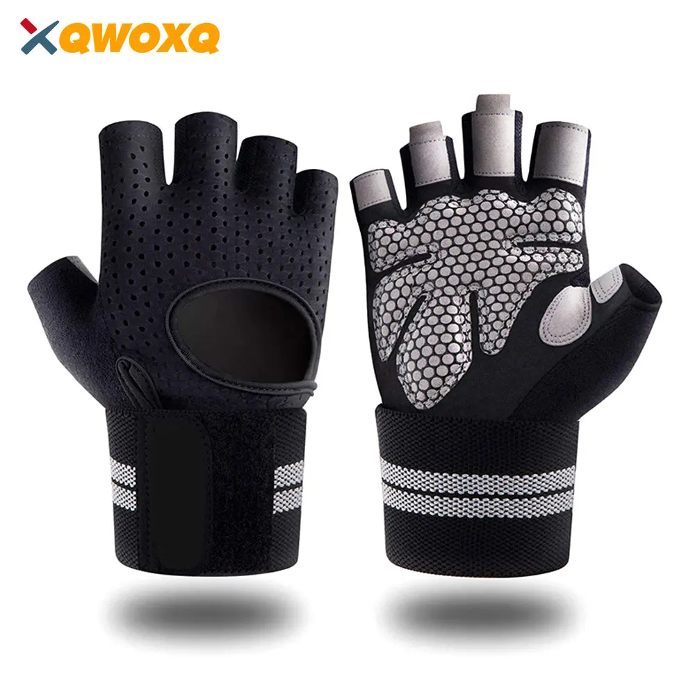 1Pair Workout Gloves with Wrist Wrap Support, Weight Lifting Gloves Anti-Slip Padded Palm Fingerless Exercise Glove Powerlifting