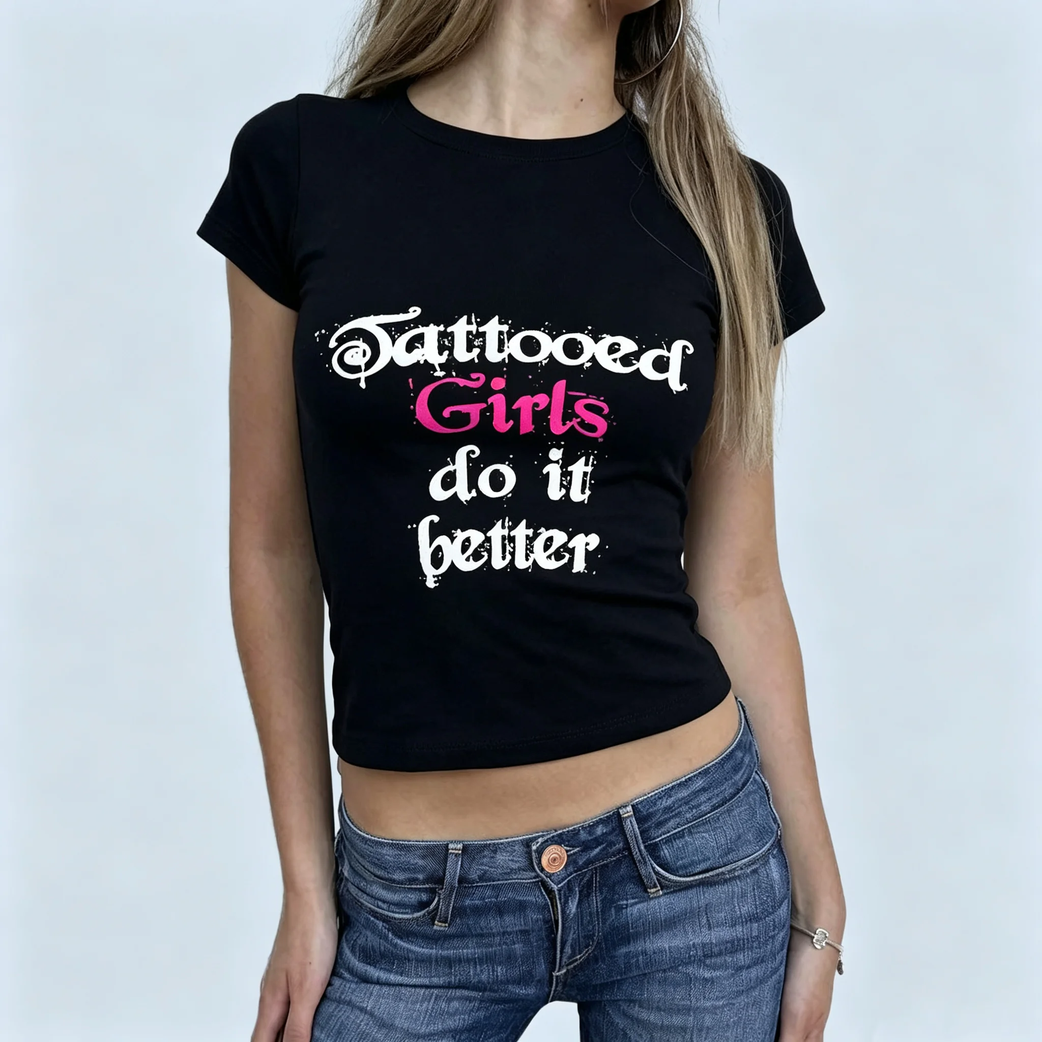 Y2K Streetwear Women T Shirts Vintage Gothic Slogan  Tee Tattooed Girls Do It Better Print Slim Fit Short Sleeve Top