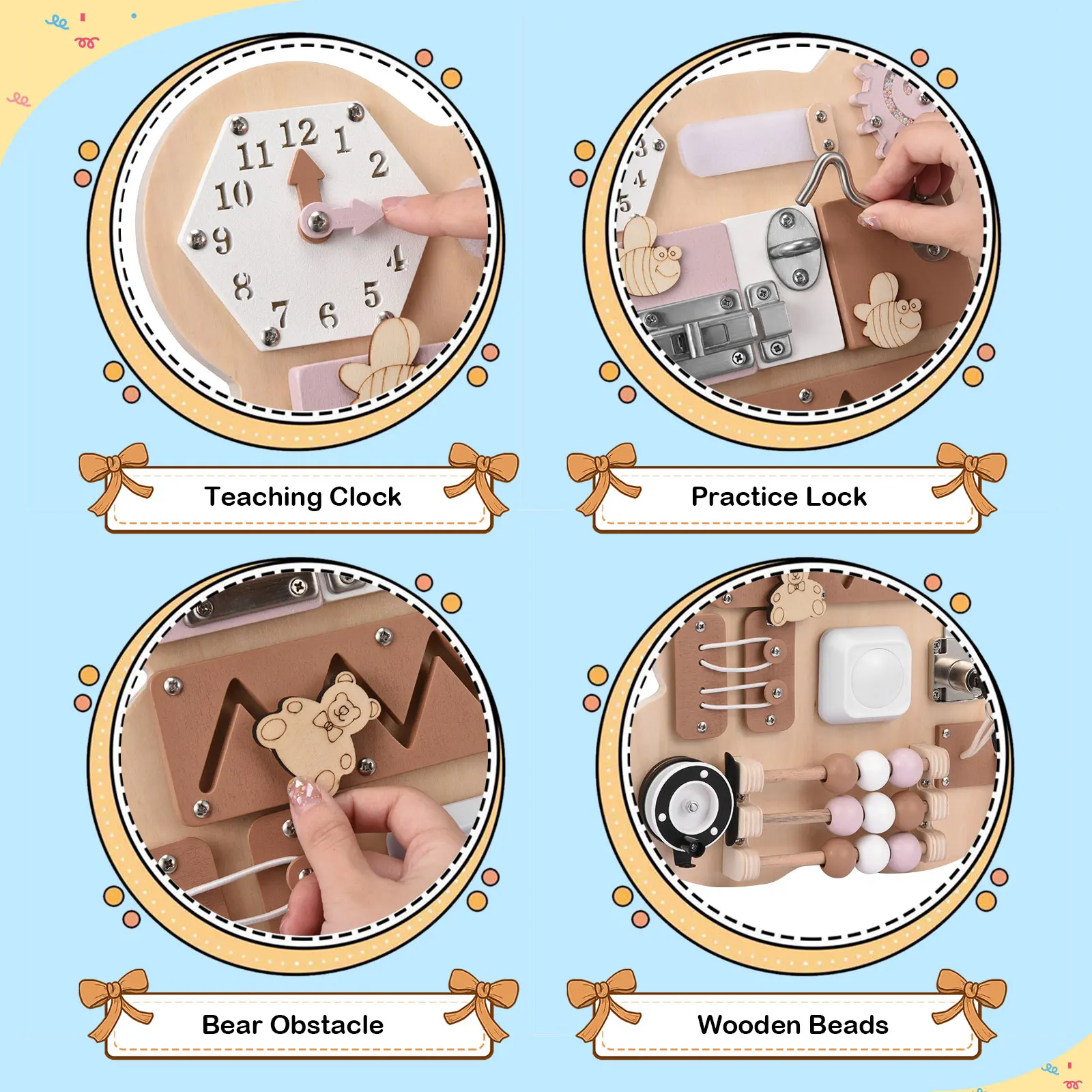 Baby Wooden Montessori Toys Teaching Clock Busy Board Wooden Sensory Toys For Toddlers Preschool Travel Learning Activities