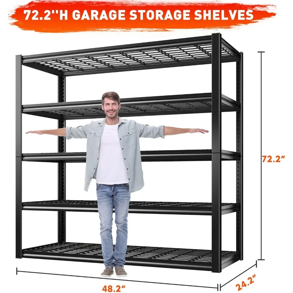 3000LBS Garage Shelving Heavy Duty 48.2''W Storage Shelves 72''H Adjustable 5 Tier Metal Shelves for Storage Rack