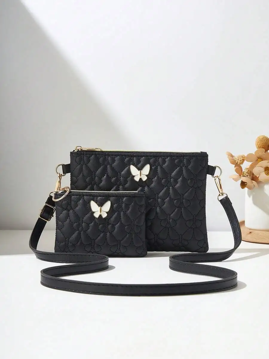 

2Pcs/Set Quilted Diagonal Crossbody Butterfly Shoulder Bag, Phone Pouch & Coin Purse