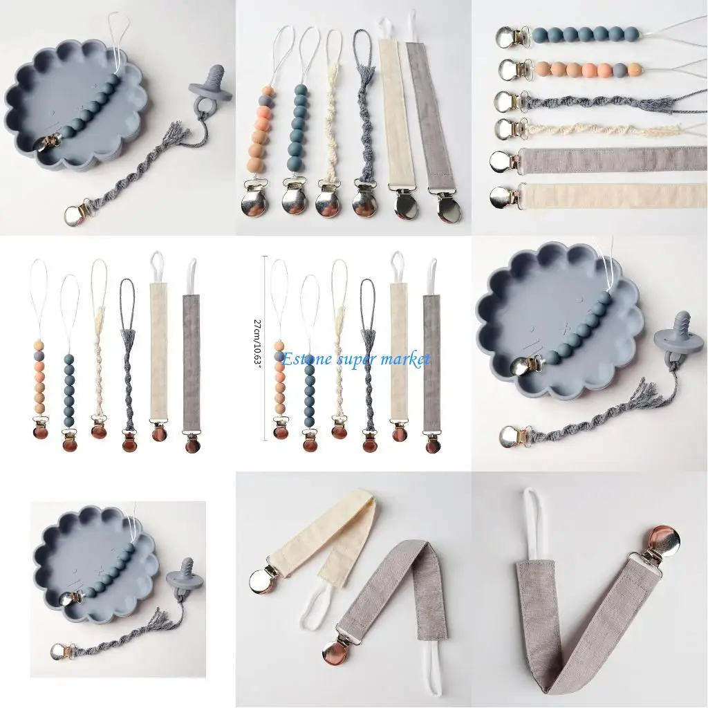 

090B 6 Pcs Handmade Cotton Woven Pacifier Chain Clip Silicone Beads Pacifier Chain