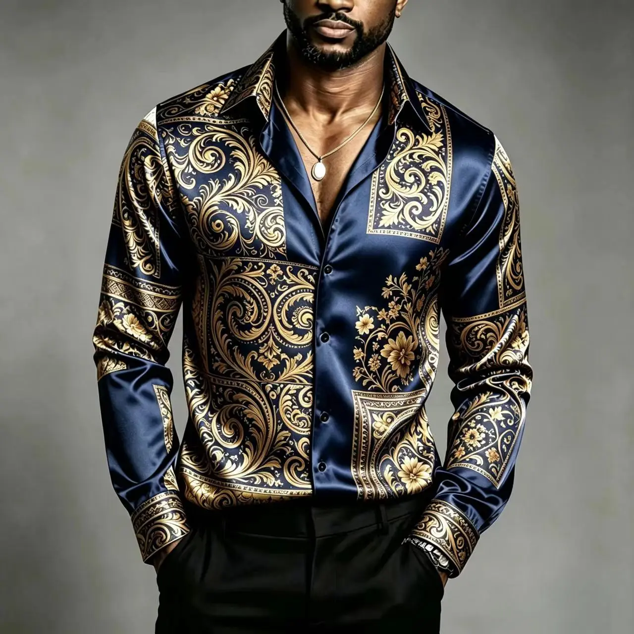 Men's Luxury Satin Shirt Long Sleeve Baroque Floral Print Turn-down Collar Button Down Dress Shirt Wedding Party Formal Blouse