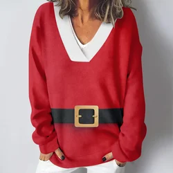 Santa Claus Cosplay Sexy V Neck Sweatshirts Funny Huge Bow Tie Print Pullover Loose Casual Sweatshirt Santa Grinch Pink Pullover