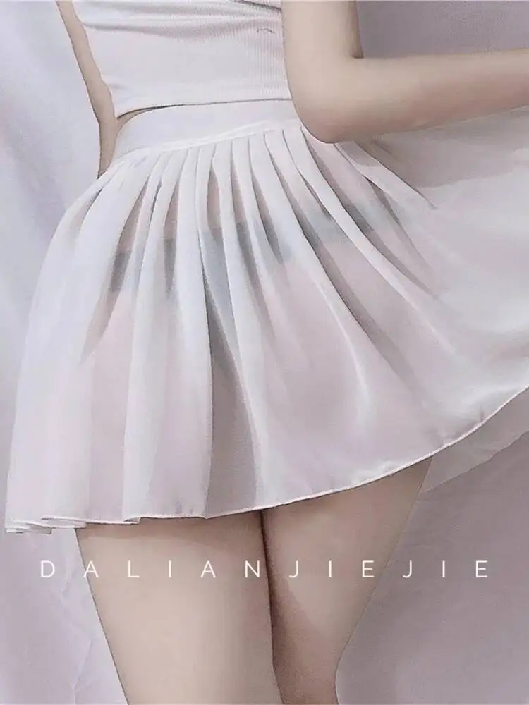 Super Sexy Asian Girl Mini Skirts Mesh Lace Transparent Women Cosplay Hot 2022 Pleated Skirt Solid Color Miniskirt Korean 5I9X