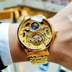 Luxury Brand Men's Skeleton Watch Gold Automatic Self Wind Mechanical Wristwatch Moon Phase Steel Band Nice Gift