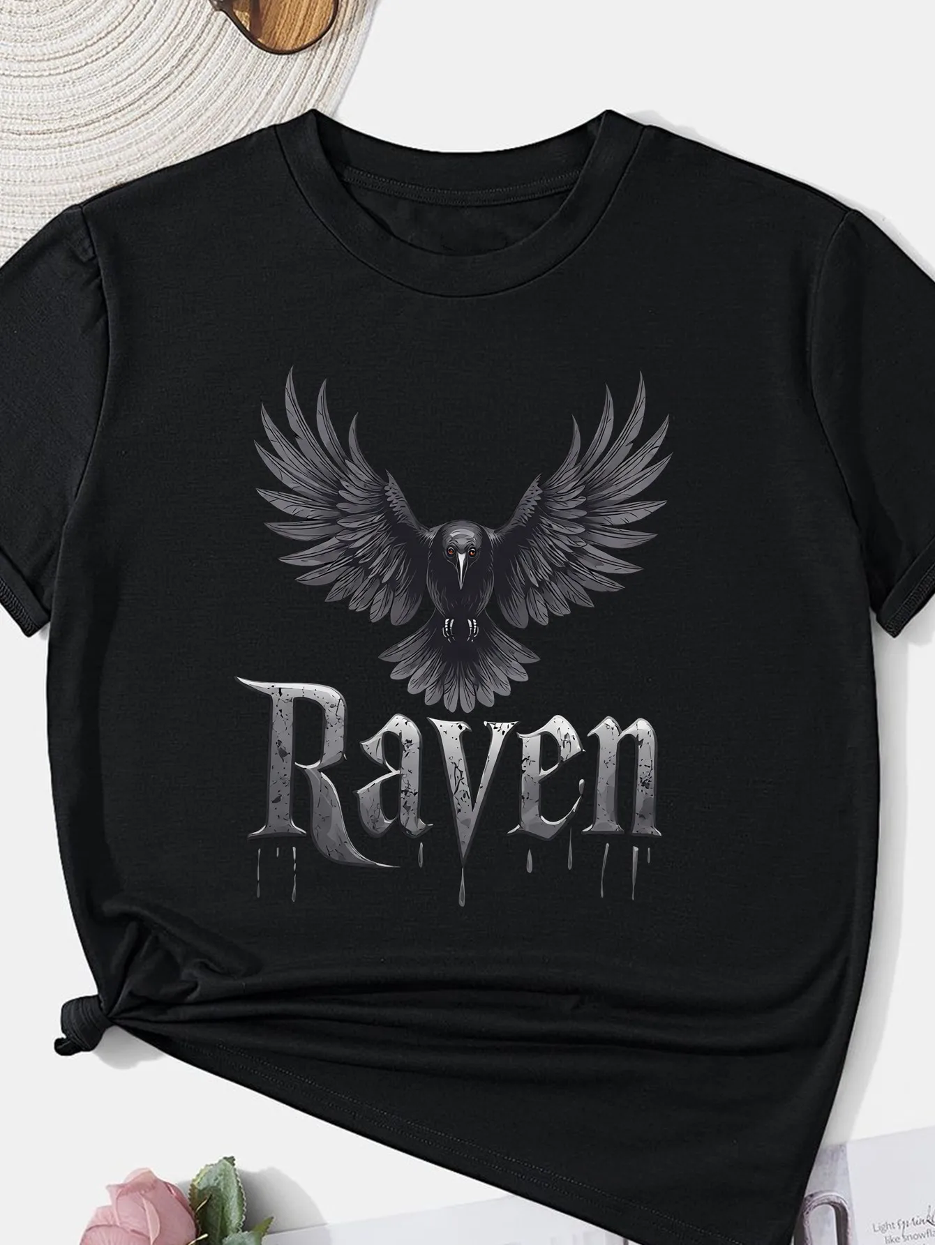 Durable and Lightweight Black and White Crow Graphic T-Shirt, the Preferred Choice for Catering Staff This Comfortable and Stylish Patterned T-Shirt Is Perfect for Casual Dining and Everyday Wear, Made, Plus Size.