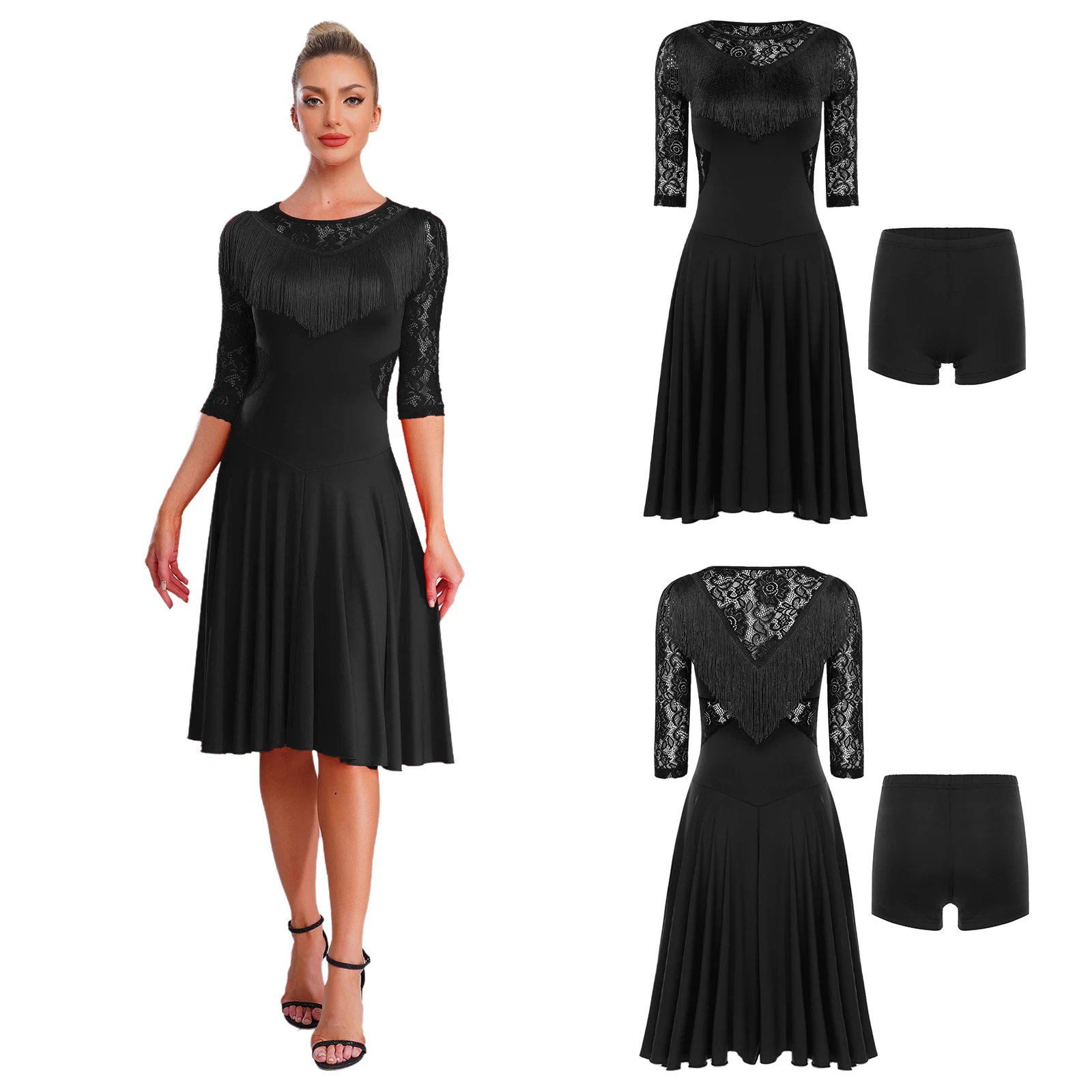 Costume de danse Tango Samba pour femmes, élégant, dentelle florale transparente, pompon fluide, robe de Salsa latine avec short pour danse Chacha Rumba