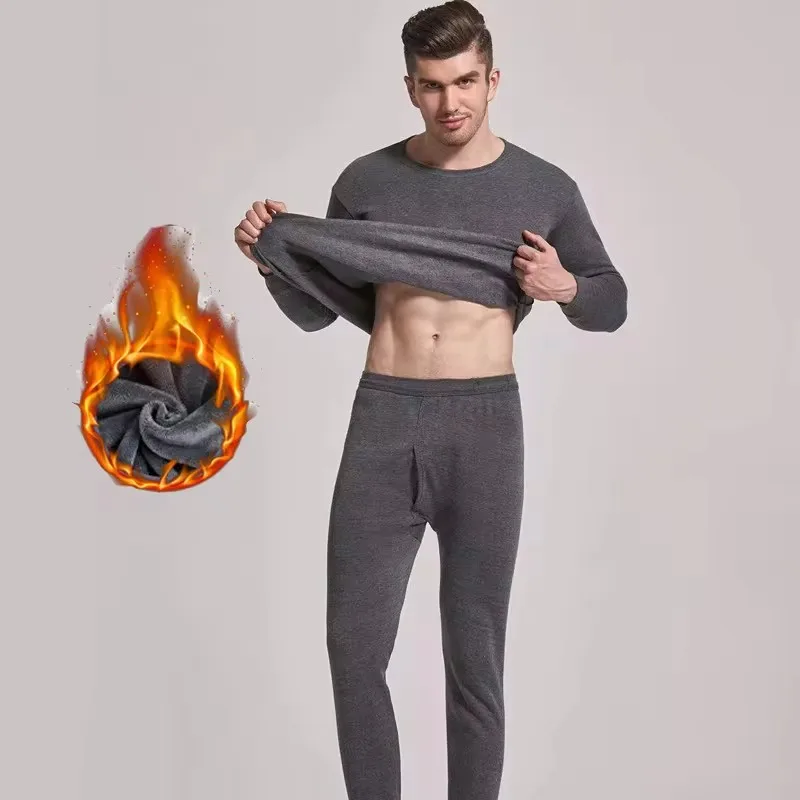 Men\'s Warm Underwear Set with Round Neck Brushed and Plushed Thickened Autumn Clothes and Autumn Trousers for Cold and Warm Prot