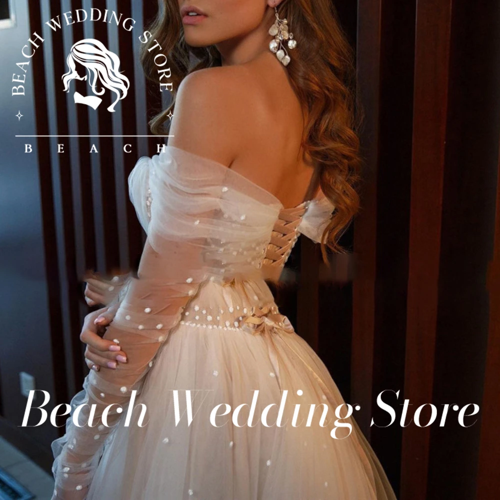 

Beach Customized Champagne Wedding Dresses Sexy Side Split Dots Tulle Bride Dress Long Sleeve Off The Shoulder Wedding Gowns