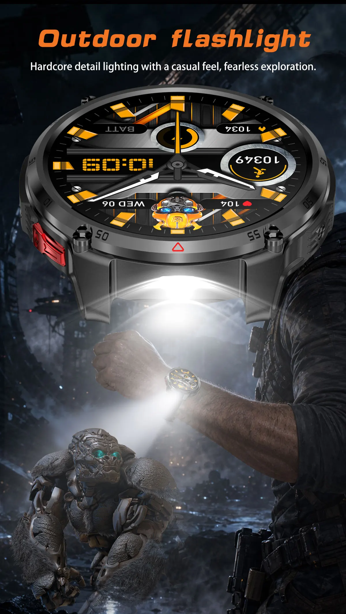 2026 Neue T-RX5 1200mAh Akku Smartwatch für Herren 1,7" HD-Bildschirm Kompass Taktische Taschenlampe IP68 Wasserdicht BT-Anruf Militäruhr – Detail 9