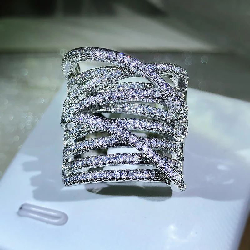 Anillo cruzado de varias capas para mujer, sortija con varias capas, diamante completo, para compromiso, regalo de boda, joyería para fiesta, novedad de 2022