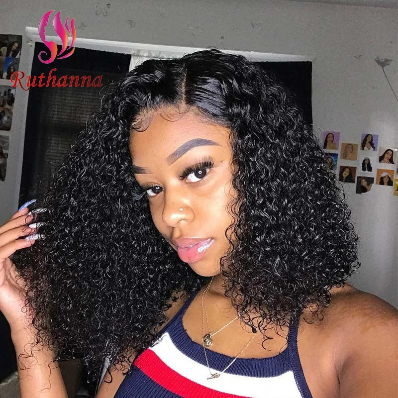 Kinky Curly Middle Part Synthetic Short Curly Wig For Black Women 12 Inch Natural Black Heat Resistant Fiber Wig Daily Use