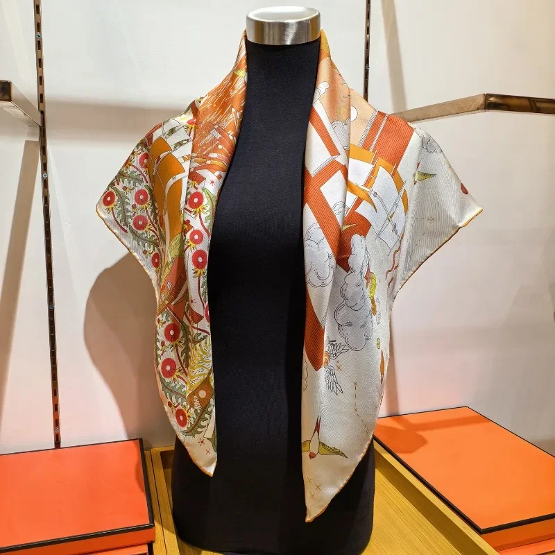 Women 100% MULBERRY SILK 14MM Twill Scarf 88x88cm Retro Ocean Sailing Boat Pattern Large Shawl Accessory