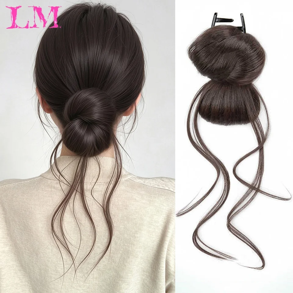 LM Synthetic Natural Brown Messy Low Bun Claw Clip Wig Fake Chignon with Floating Wispy Curly Strands for Ladies Daily Styling