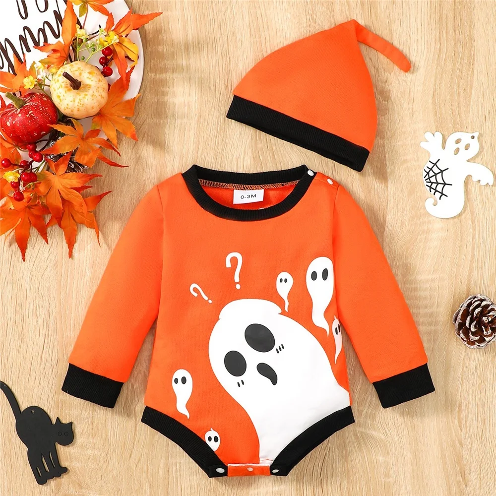 0-18Months Newborn Baby Boy Romper Halloween Pattern Print Long Sleeve Bodysuit Holiday Dress Up Jumpsuit+Hat 2PCS Outfits