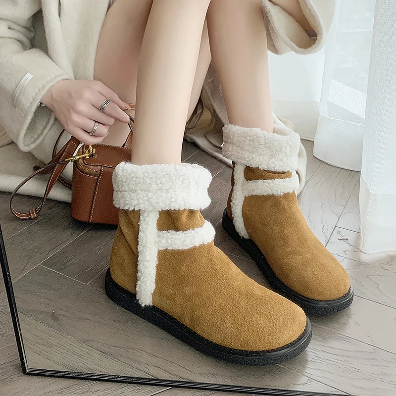 

Fake Fur Decorative Cow Suede Warm Plush Women's Ankle Boots Low Heels Slip-on Retro Woman Short Boots Winter New Style Shoes