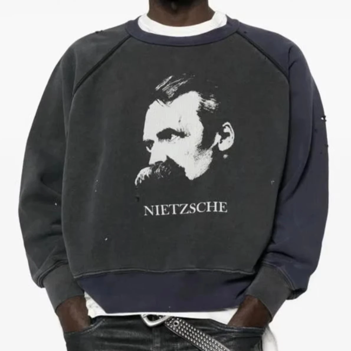 ER/D portrait theme old contrasting colors worn loose crew neck sweater