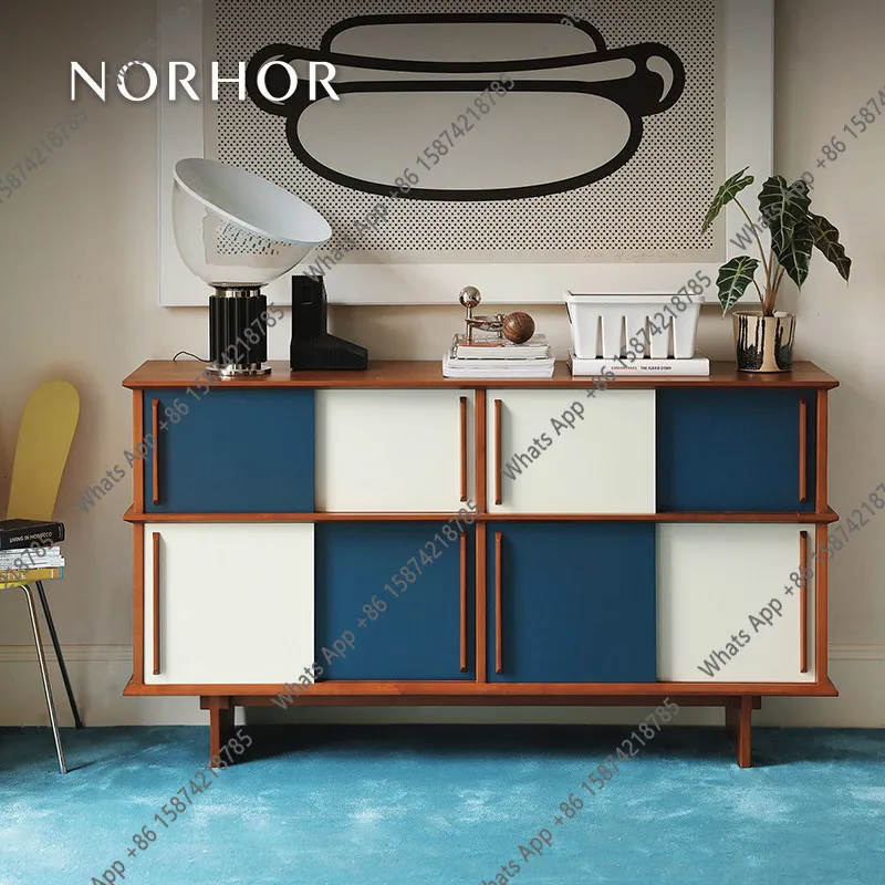 Nordic retro Danish medieval design color matching sliding door solid wood storage side cabinet dining side cabinet living room