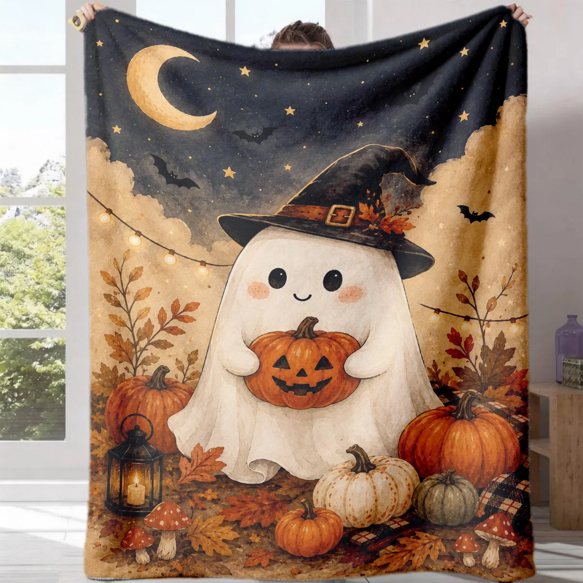 1pc 2D Flat Autumn Halloween Pumpkin Digital Print Flannel Blanket - 100% Polyester Fiber, Suitable for All Seasons, Light and W