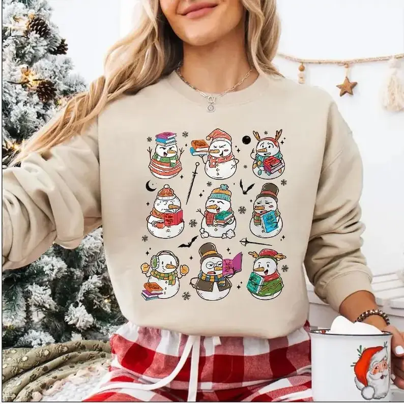 Book Lover Snowman Crewneck Sweatshirt Retro Christmas Gift Happy Lovely Snowman Pattern Long Sleeve Thermal Hoodie Sportswear