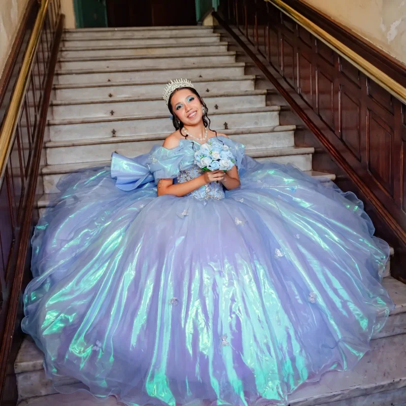 Blue Quinceanera Dress Glitter Crystal Decal Lace Layering Long tail off-shoulder Bow Vestidos De 15 Quinceanera Customize