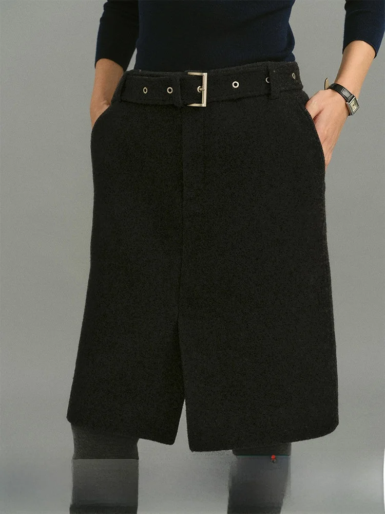 

High Waist Woolen Skirt with Belt Simple Design Winter Faionable Women's Skirt Straight Cut Commute Friendly Skirt