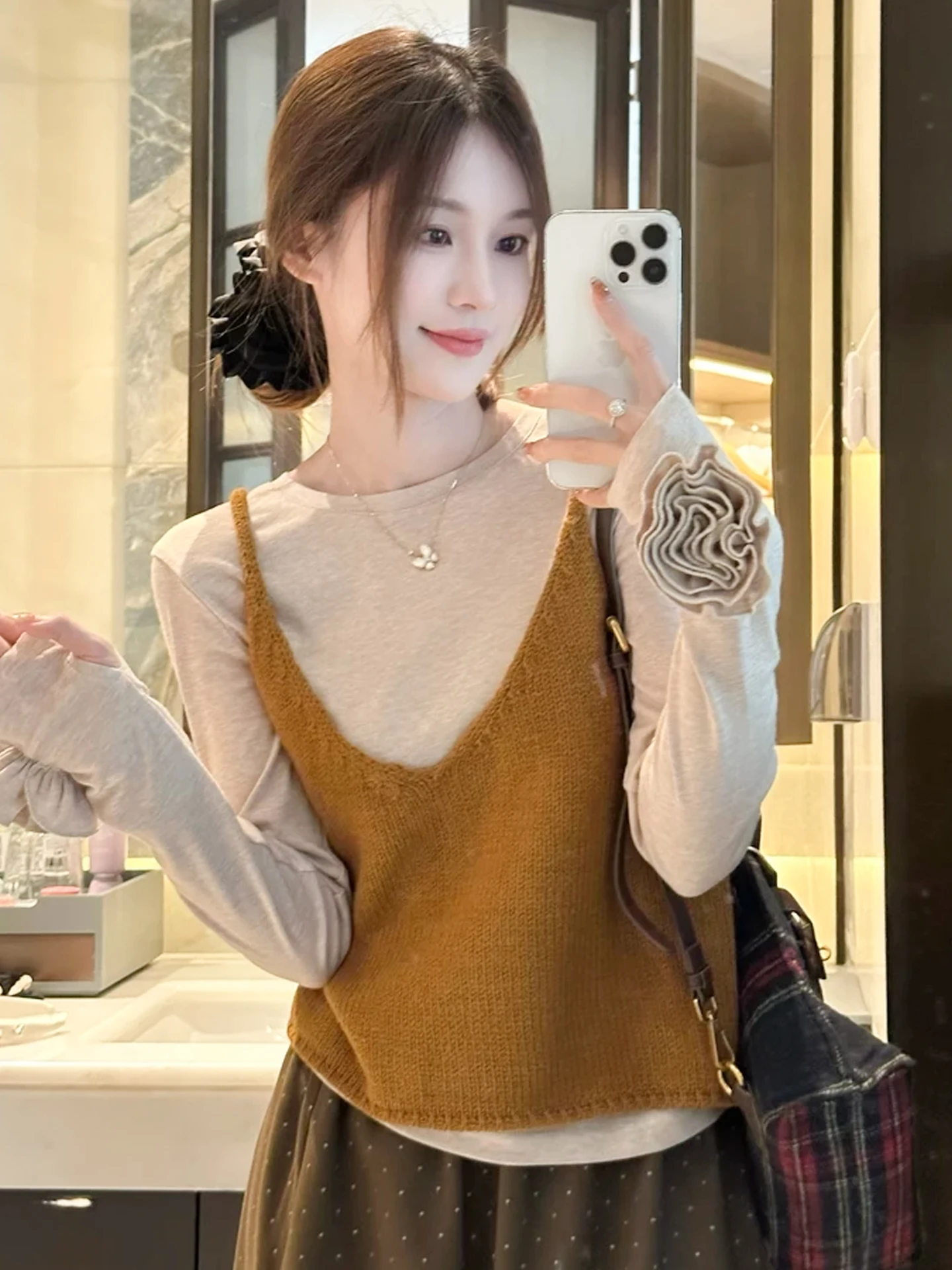 

Sli Long Sve Rose футболка базовый слой женский ранний осенний внешний вязаный жилет комплект из двух предметов топ повседневный ансамбль Faion