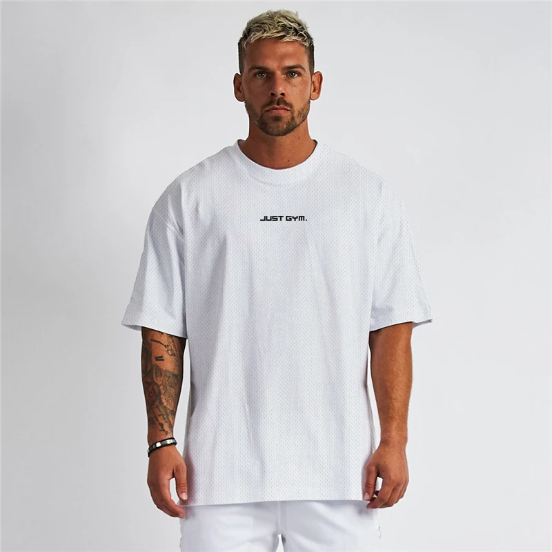 Muscleguys Gym Clothing Mesh Fitness Mens Oversized T Shirt Outdoor Hip Hop Streetwear Loose Half Sleeve Bodybuilding T-shirt