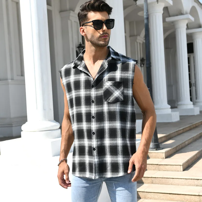 Men\'s Summer Fashion Casual Plaid Print Sleeveless T Shirt Vest Buckle Sanding 2023 Korean Style Mens Tank Tops Beach Vest