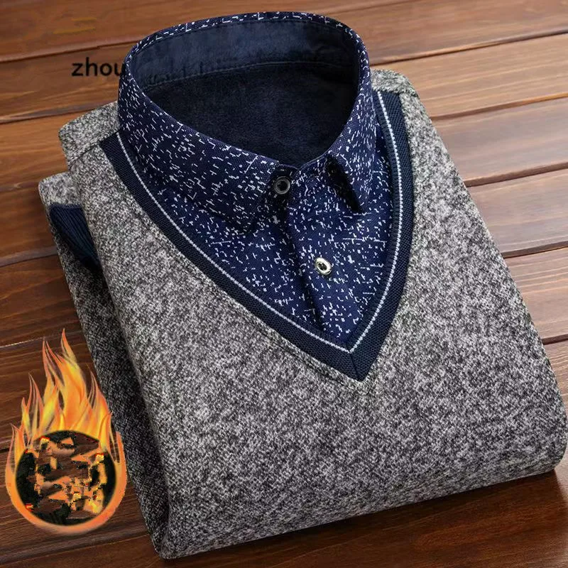 

2026 Winter Fleece Warm-up Sweater For Men Long Collar Faux Double-Breasted Thick And Casual Jacket
