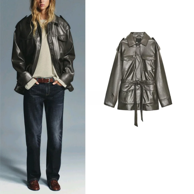 เสื้อโค้ทหนัง PU ทรงหลวม แขนยาว คอตั้ง ผิวสัมผัสคล้ายหนัง รุ่นใหม่สำหรับผู้หญิง รุ่น 434766