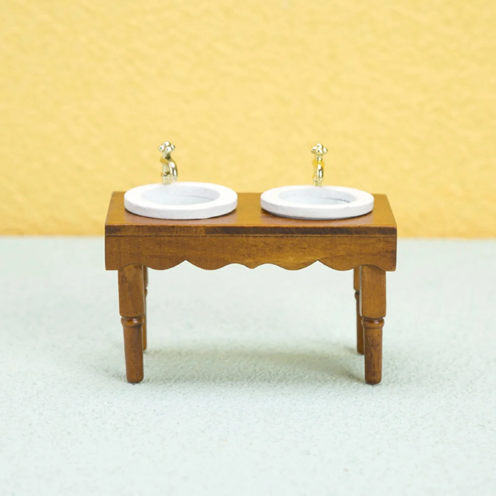 House 1:12 Dollhouse Miniature Furniture Bathroom Scene Double Basin Wash Sink Wood Decorations Washing Supply Prop