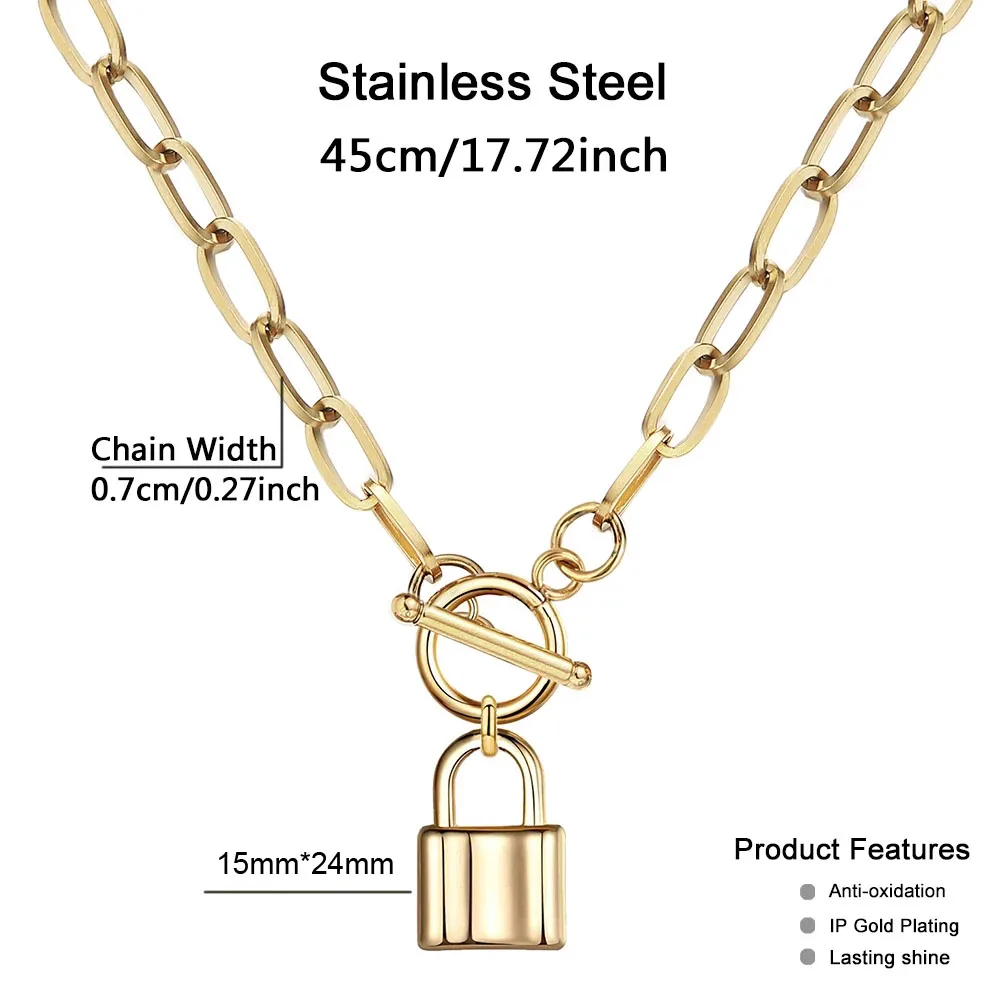 Stainless Steel Toggle Paperclip Chain Padlock Pendant Necklace For Women Girls Men OT Clasp Lock Evil Eye Long Choker Jewelry