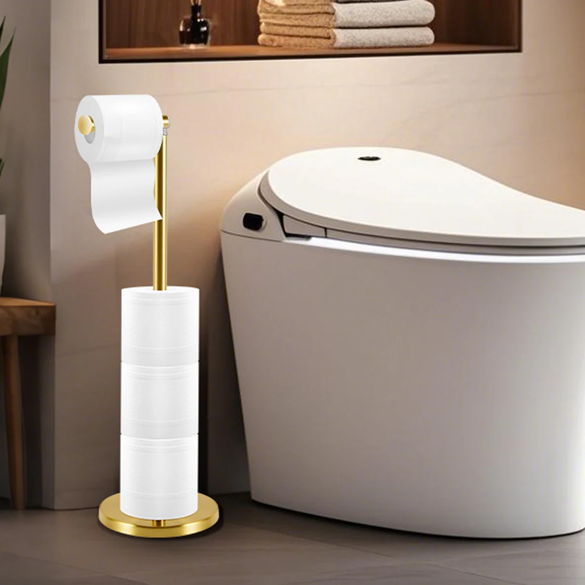 Freestanding Toilet Paper Holder Gold Stainless Steel Bathroom Tissue Roll Stand with Spare Rolls Storage Bathroom Accessory