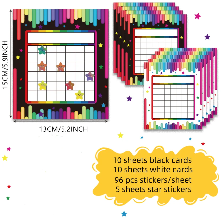 20 Sets of Classroom Reward Charts, 2 Designs, Includes 480 Pcs Holographic Rainbow Star Stickers, Suitable for Classroom