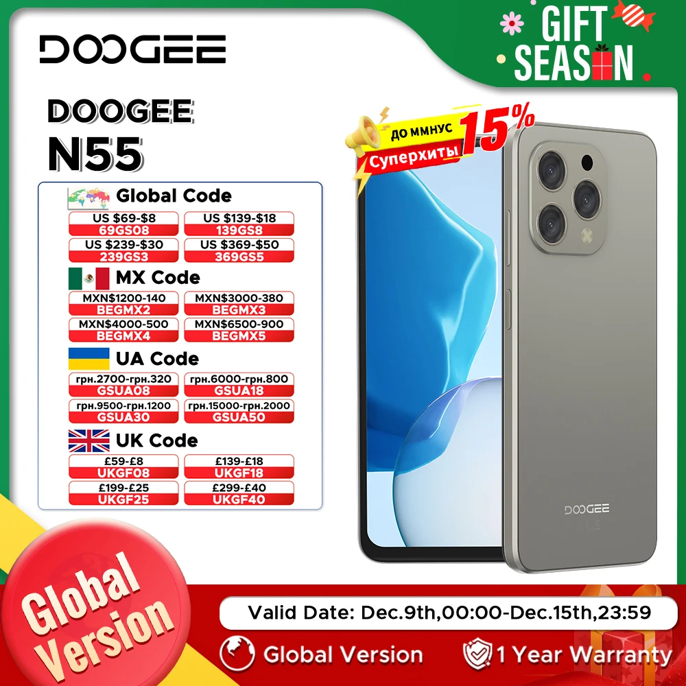 DOOGEE-Smartphone N55 Android 14, Version Globale, Écran 6.56 Pouces, 90Hz, 9 Go + 128 Go, Octa Core, Double Caméra 13MP, Déverrouillage par