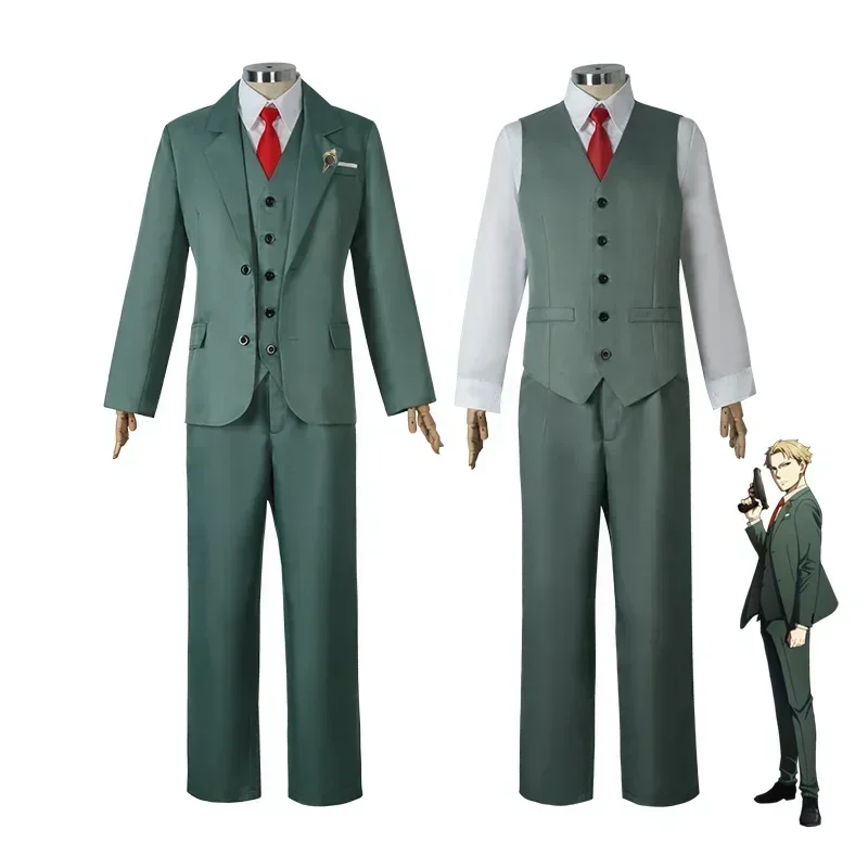 Disfraz de Anime Spy X Family Loid Forger para hombre, traje verde claro, corbata, conjunto de camisa blanca, sombrero, vestido de fiesta de Halloween