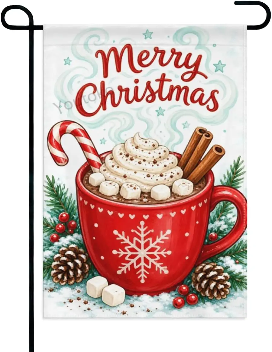 Cocoa Holiday Garden Flag Red Mug with Marshmallows and Candy Cane Mug Merry Christmas Text 12x18 Inch Double Sided Polyeste aaz