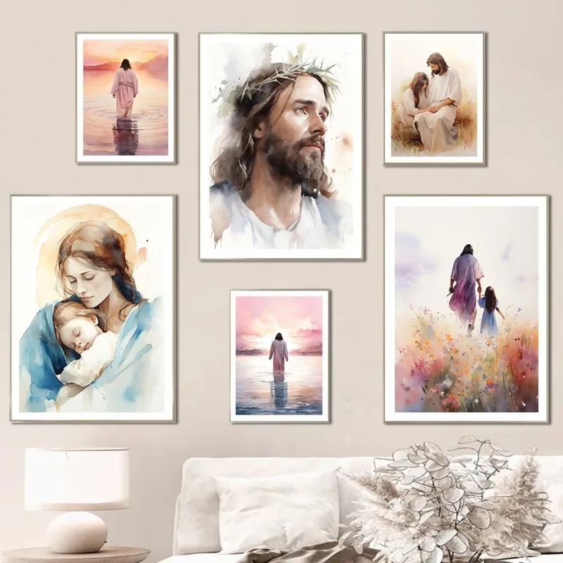 Watercolor Jesus in Prayer Sheep Christian Child Bible Posters and Prints Canvas Printing Wall Art Picture for Living Room Decor