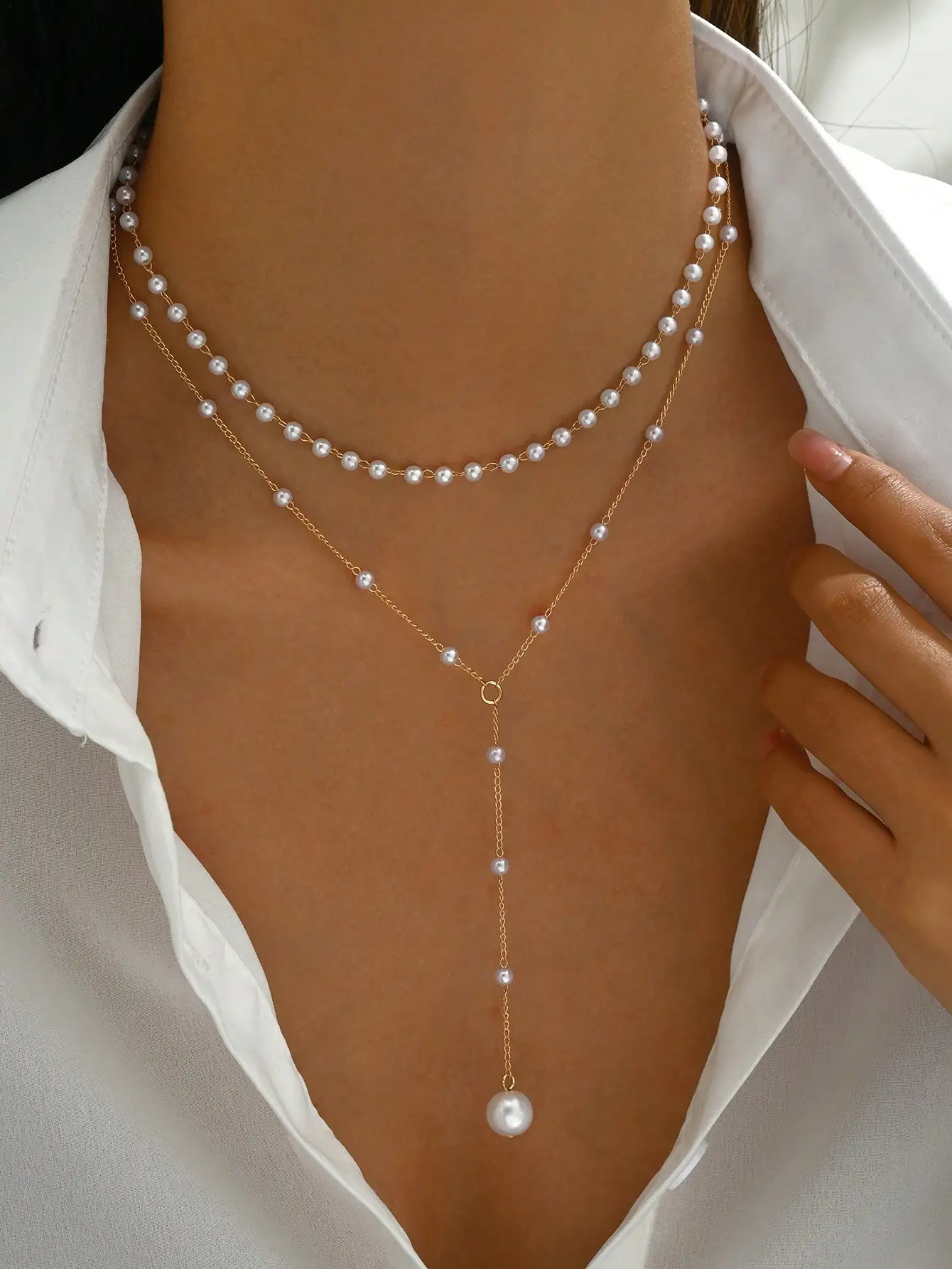 Women Layered Faux Pearl Y Necklace Long Lariat Beaded Chain Choker Statement Boho Party Wedding Jewelry Gift